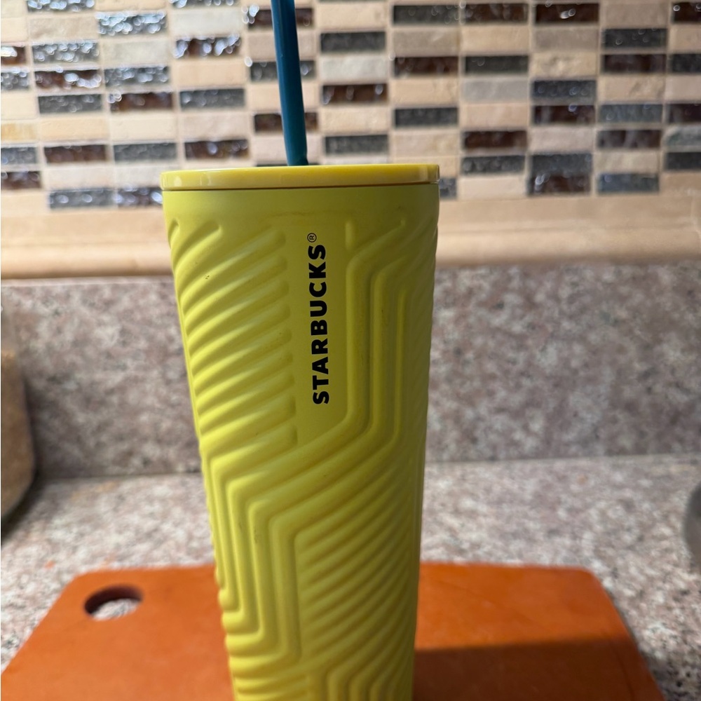 Starbucks Yellow Textured Insulated Tumbler with Blue Straw
